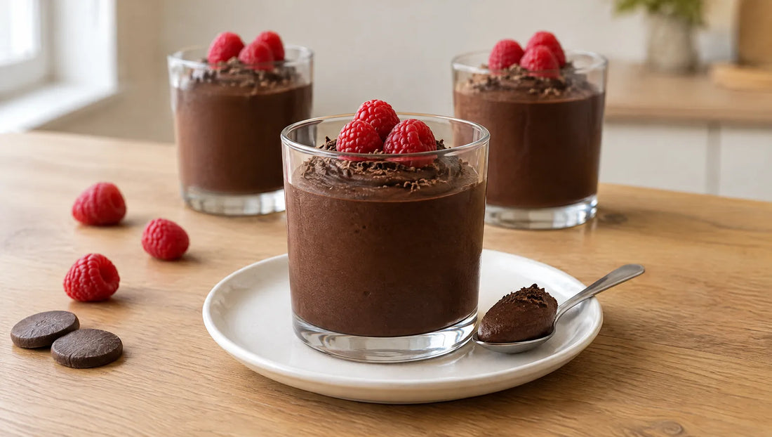 Dark keto chocolate mousse in a clear glass with raspberries, a spoonful on a teaspoon and dark chocolate buttons on oak