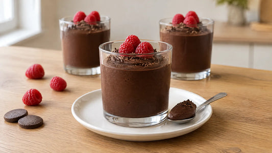 Dark keto chocolate mousse in a clear glass with raspberries, a spoonful on a teaspoon and dark chocolate buttons on oak