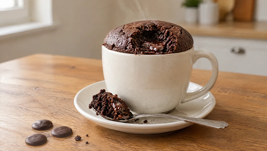 Keto chocolate mug cake risen above a cream mug, with a molten centre, a spoonful on the saucer and chocolate buttons