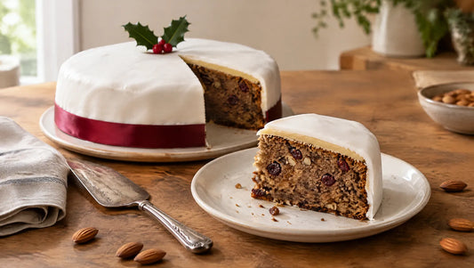 Keto Christmas cake with smooth white icing, a marzipan layer and a red ribbon, with a slice cut out to show the almond fruit cake crumb with cranberries and walnuts