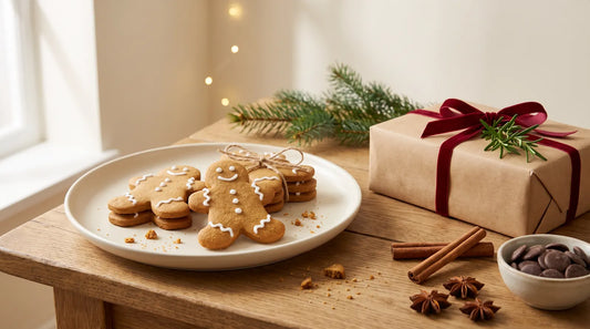 Homemade iced keto gingerbread men tied with twine on a cream plate, beside a kraft-paper wrapped Christmas present and a bowl of dark chocolate buttons on an oak table