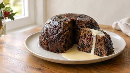 Keto Christmas pudding with a slice cut to show the moist dark crumb, served with custard on a ceramic plate