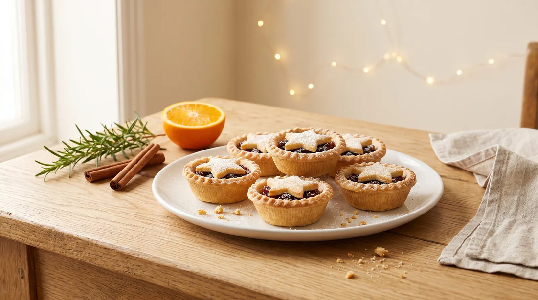 Plate of six golden keto mince pies with pastry star tops and a light dusting of powdered sweetener on an oak table, with cinnamon sticks, rosemary and a halved orange