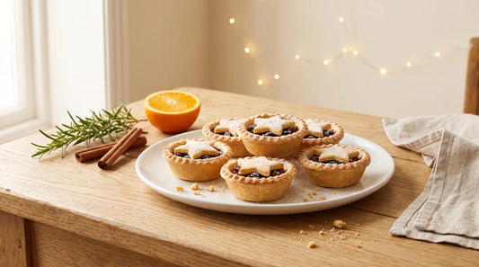 Plate of six golden keto mince pies with pastry star tops and a light dusting of powdered sweetener on an oak table, with cinnamon sticks, rosemary and a halved orange
