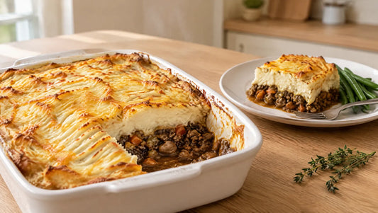 Keto cottage pie with a golden fork-ridged cauliflower mash in a white dish, and a portion on a plate with green beans