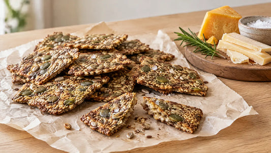 Thin golden keto seed crackers topped with flaky sea salt on baking paper, one snapped in half to show the seeds, with cheese and rosemary on a wooden board behind