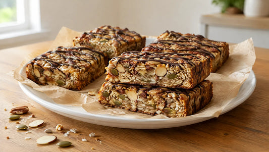 Five keto flapjack bars made with flaked almonds, pumpkin seeds and coconut, drizzled with dark chocolate, two stacked at the front, on baking paper on a white plate with loose almonds, pumpkin seeds and a pecan on an oak table
