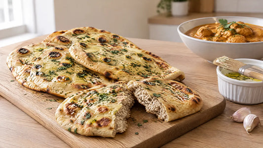 Keto flatbreads brushed with garlic butter and coriander on an oak board, one torn open to show its soft crumb, with a bowl of curry behind