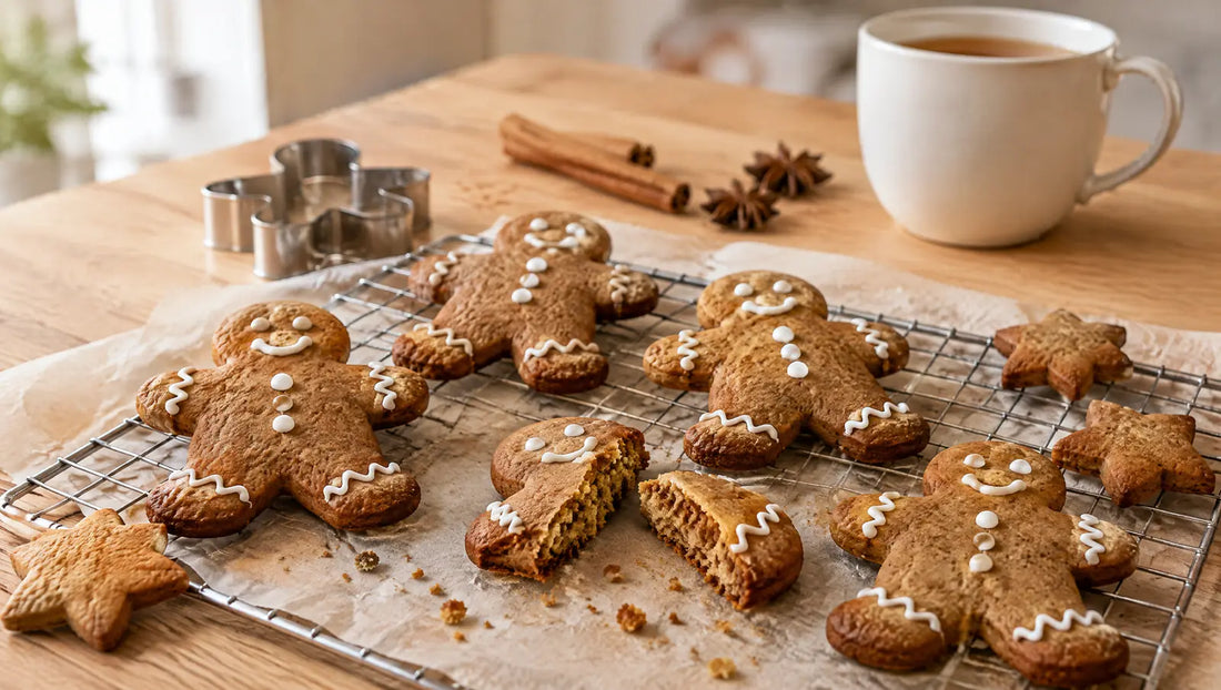 Keto gingerbread men biscuits with piped white icing cooling on a wire rack, one snapped in half, with cinnamon sticks and a mug of tea