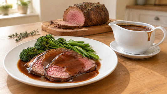 Glossy keto gravy over sliced roast beef on a white plate with tenderstem broccoli and green beans, beside a gravy boat