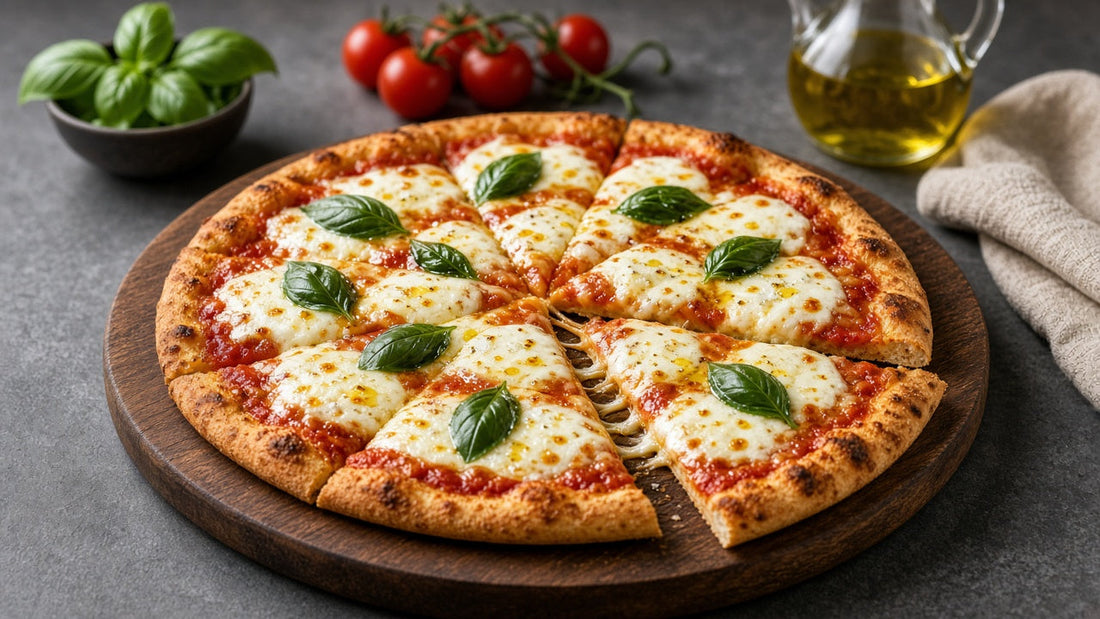Keto Margherita pizza with tomato, melted mozzarella and fresh basil on a wooden board