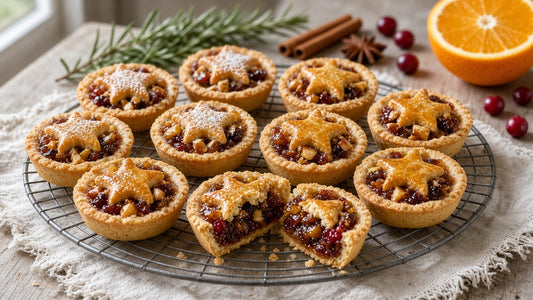 Keto mince pies with star pastry lids and apple and cranberry mincemeat on a wire cooling rack