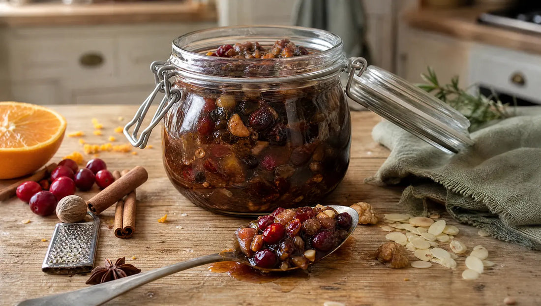 A glass jar of dark, glossy keto mincemeat with chopped apple, cranberries and almonds, and a heaped spoonful on an oak table with cinnamon sticks, nutmeg and orange