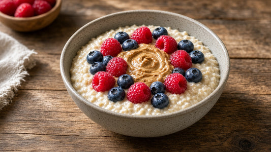 Bowl of keto porridge topped with raspberries, blueberries and nut butter