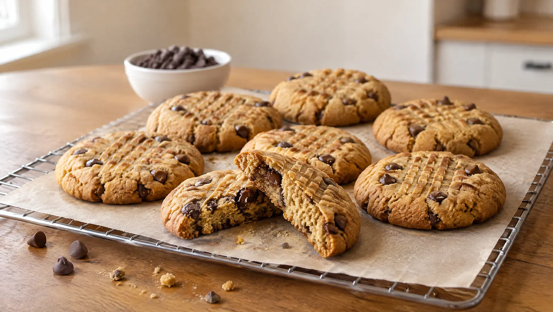Keto peanut butter cookies with a fork criss-cross on baking paper over a wire rack, one broken open to show chocolate chips inside