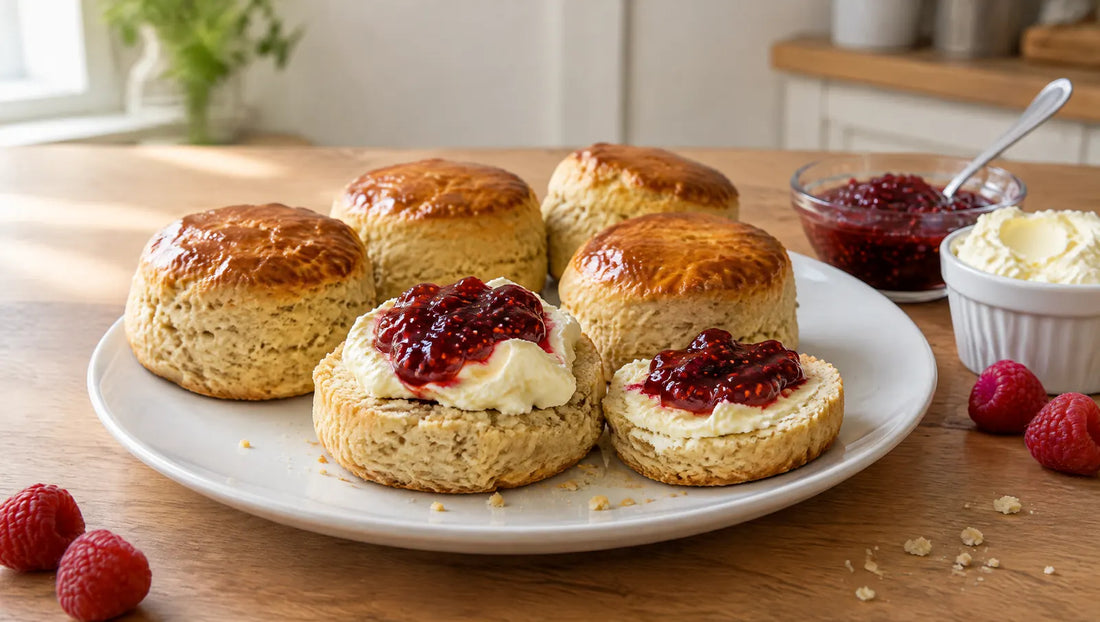 Four golden, egg-glazed keto scones on a white plate with one scone split and topped with clotted cream and raspberry jam, beside a dish of jam, a pot of clotted cream and fresh raspberries on an oak table