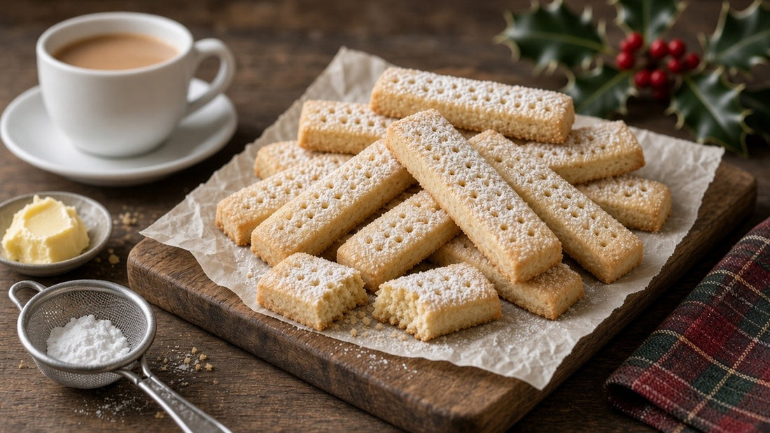 Keto shortbread fingers dusted with powdered sweetener on baking paper, with a cup of tea and holly
