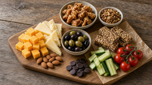 Overhead spread of low-carb snacks on a wooden board: cheddar cubes, hard cheese wedges, olives, pork scratchings, almonds, dark chocolate buttons, granola and snack bars