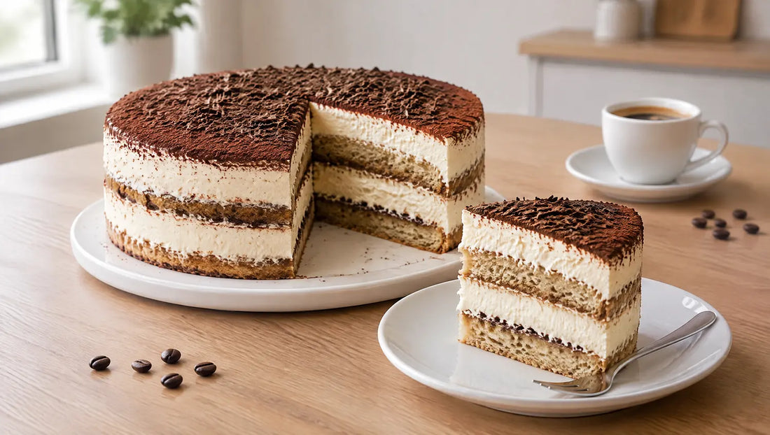 Keto tiramisu cake cut open to show two sponge layers with mascarpone cream, a slice on a plate and an espresso cup