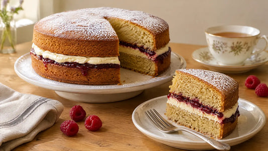 A keto Victoria sponge cake dusted with powdered sweetener on a cake stand, filled with raspberry jam and vanilla buttercream, with a slice cut out on a plate beside it