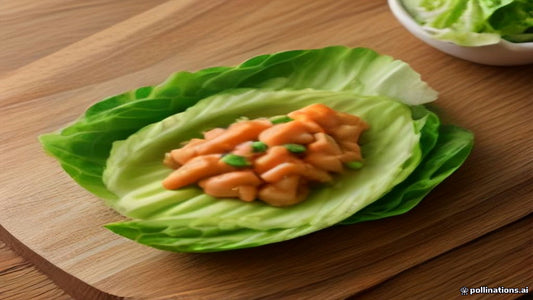 Sliced low-carb chicken avocado wraps on a wooden table