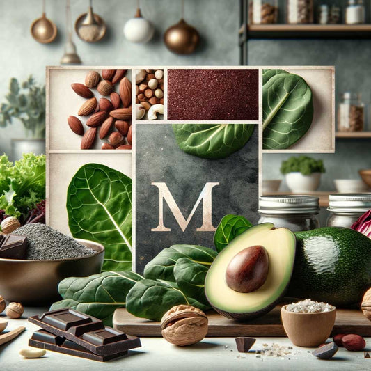 A collage of keto-friendly foods including dark leafy greens, nuts and seeds, avocado, and dark chocolate.A collage of keto-friendly foods including dark leafy greens, nuts and seeds, avocado, and dark chocolate.