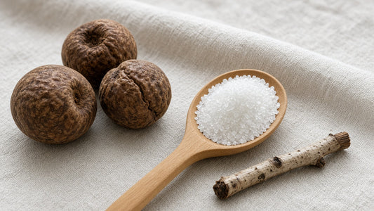 Dried monk fruits next to a wooden spoon of xylitol and a birch twig