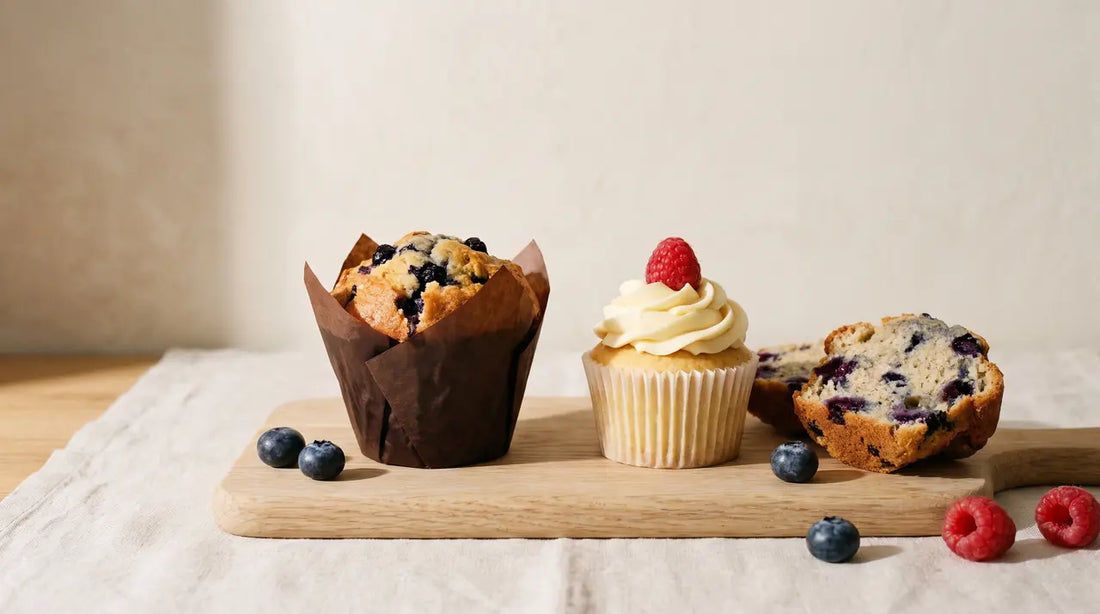 A blueberry muffin in a brown tulip case beside a smaller vanilla cupcake with piped buttercream and a raspberry on an oak board