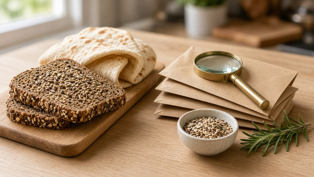 Slices of seeded low-carb bread and folded low-carb wraps on a wooden board beside blank kraft-paper food packets and a brass magnifying glass