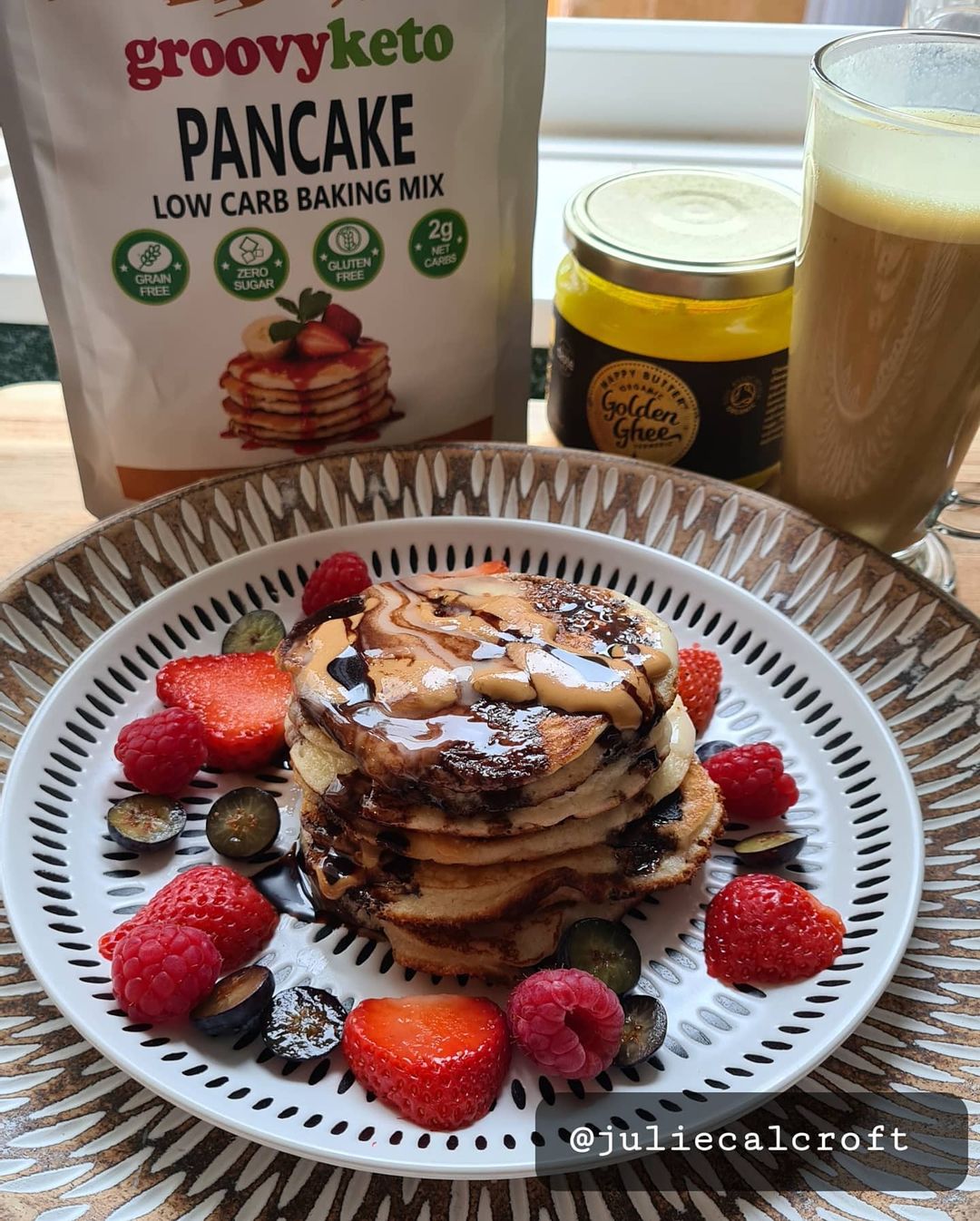 Groovy Keto Pancakes with Chocolate chips, peanut butter and chocolate sauce