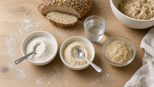Bowls of xanthan gum and psyllium husk powder with measuring spoons beside a glass of water, psyllium gel and a sliced seeded low-carb loaf