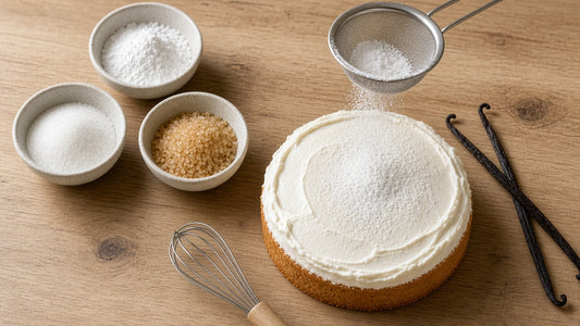 Bowls of powdered, granulated and brown low-carb sweetener beside a sieve dusting powdered sweetener over a buttercream-topped sponge cake