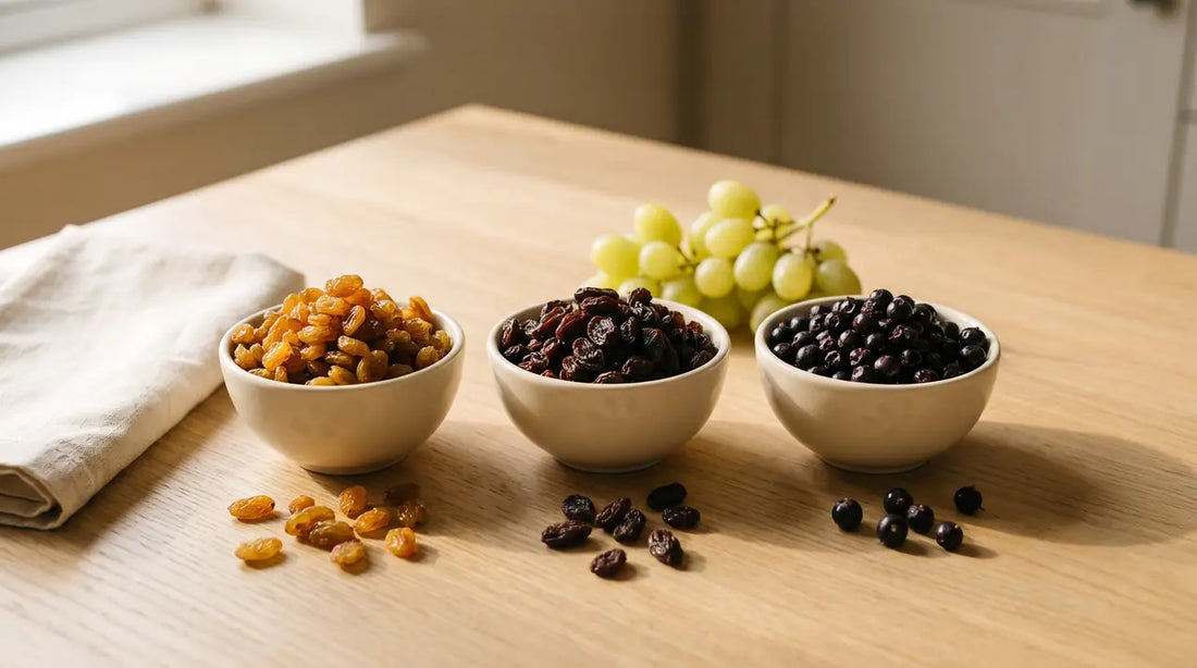 Three cream bowls of golden sultanas, dark raisins and small black currants on an oak table with a bunch of pale green grapes
