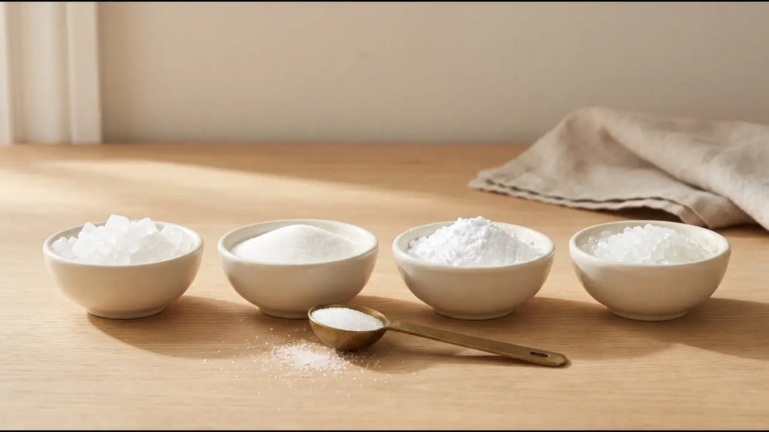 Four cream bowls of white sweeteners on an oak worktop, from coarse crystals to fine granules and powder, with a brass measuring spoon