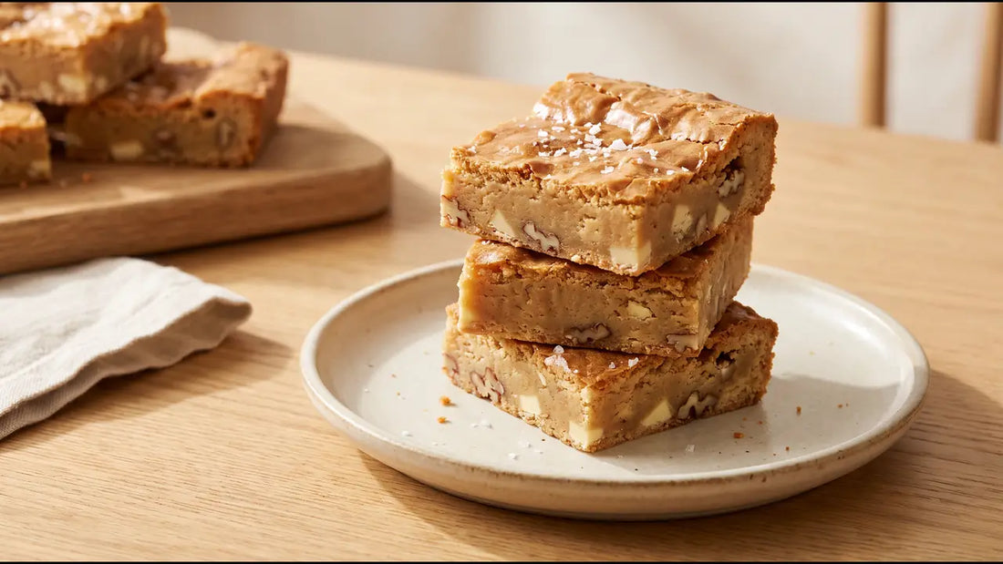 Three golden blondie squares stacked on a cream plate on an oak table, with white chocolate chunks, pecans and flaky salt