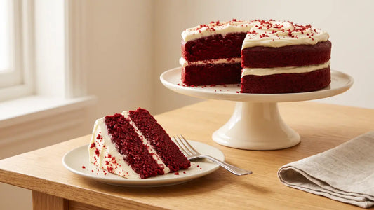 A red velvet layer cake with white cream cheese icing on a cream cake stand, with a cut slice and fork on a plate on oak