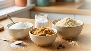 Bowls of low-carb baking ingredients on a wooden worktop