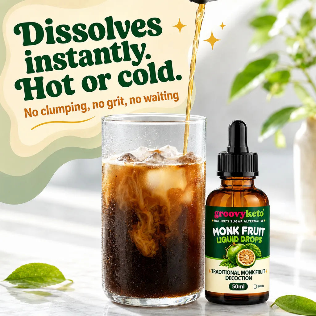 Groovy Keto Monk Fruit Liquid Drops 50ml bottle shown next to a glass of iced coffee with ice, with text overlays highlighting its instant dissolution and clean, bright background with soft-focus green leaves.