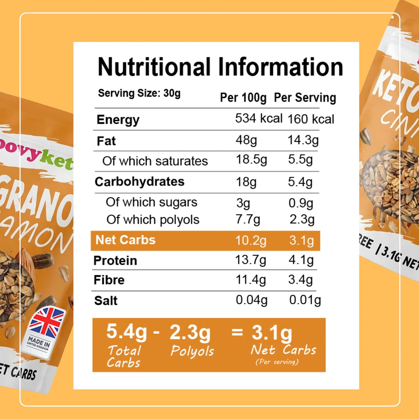 Keto Granola Cinnamon - Low Carb Granola | 3.1g Net Carbs | 360g