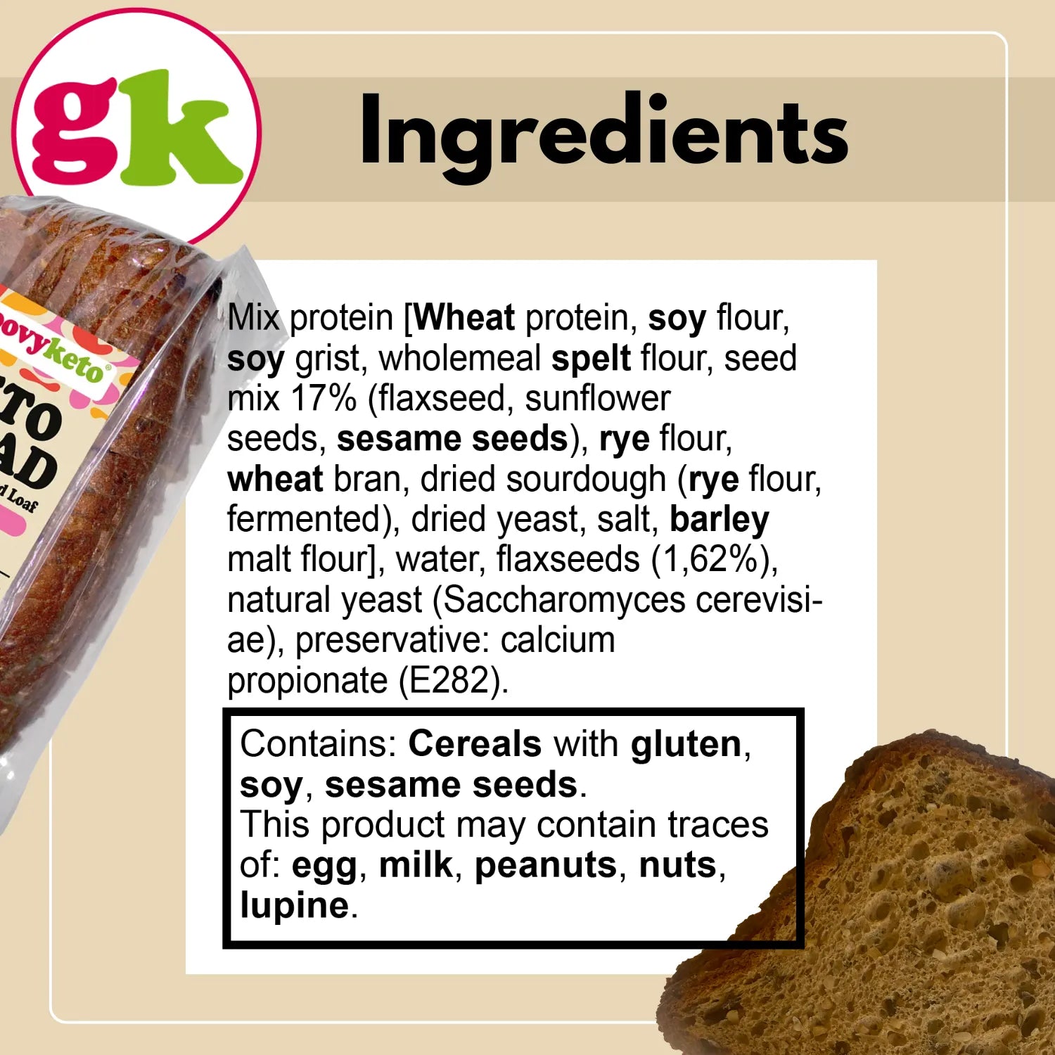 Ingredients list of a bread product with visible branding and text.