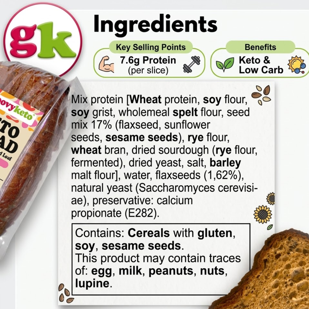 Low Carb Keto Bread Sliced Loaf - 400g - 2.3g per Slice