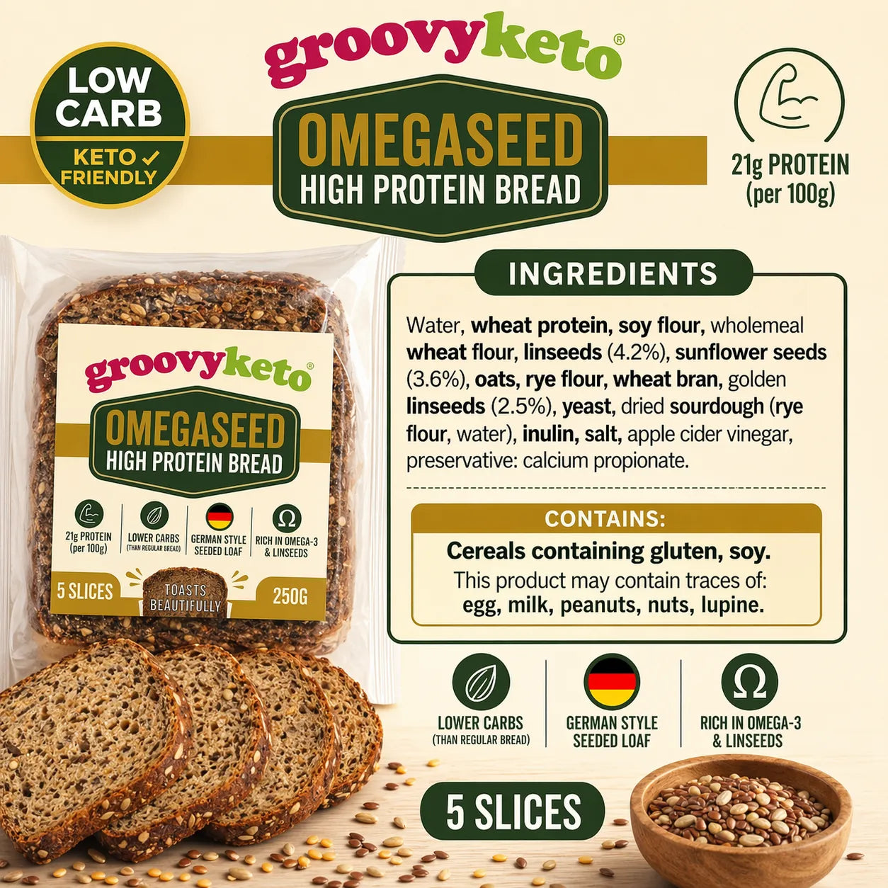 German-Style High Protein Bread - 250g - 10.6g Protein Per Slice - 5 Slices