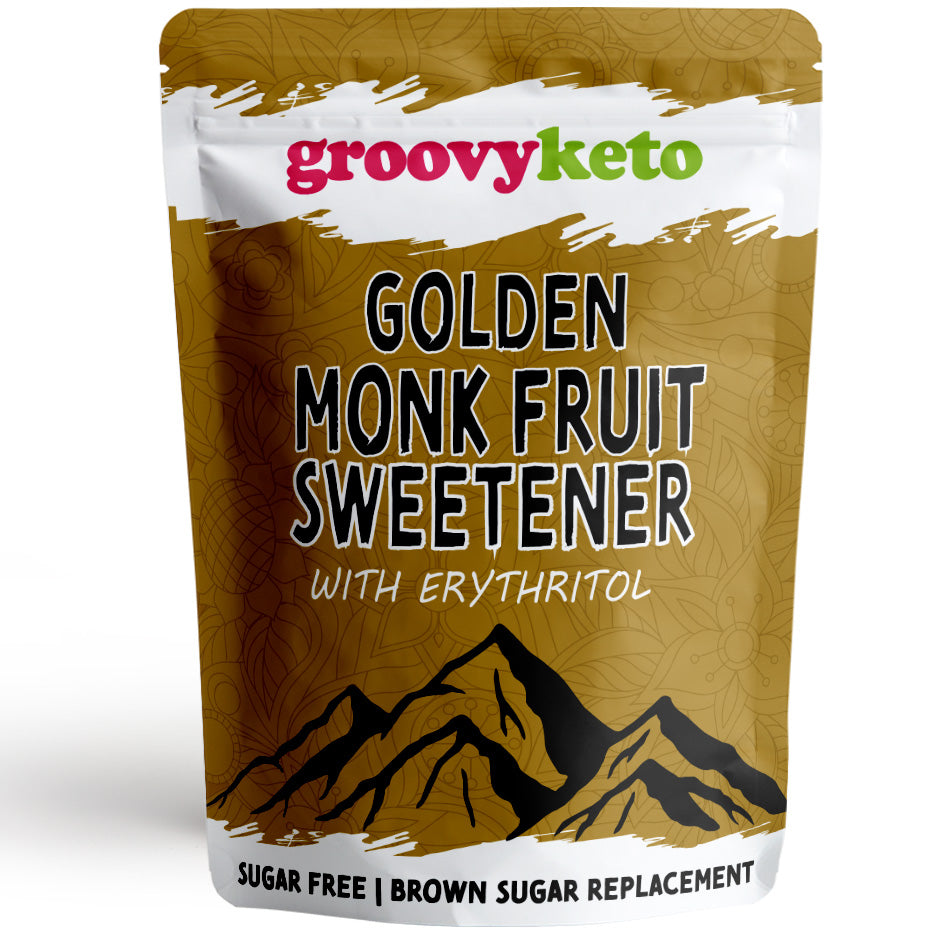 Packaging of Groovy Keto Golden Monk Fruit Sweetener with Erythritol, presented as a sugar-free brown sugar replacement.