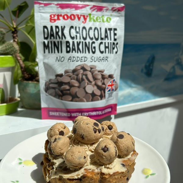 Groovy Keto dark chocolate mini baking chips with a dessert on a plate