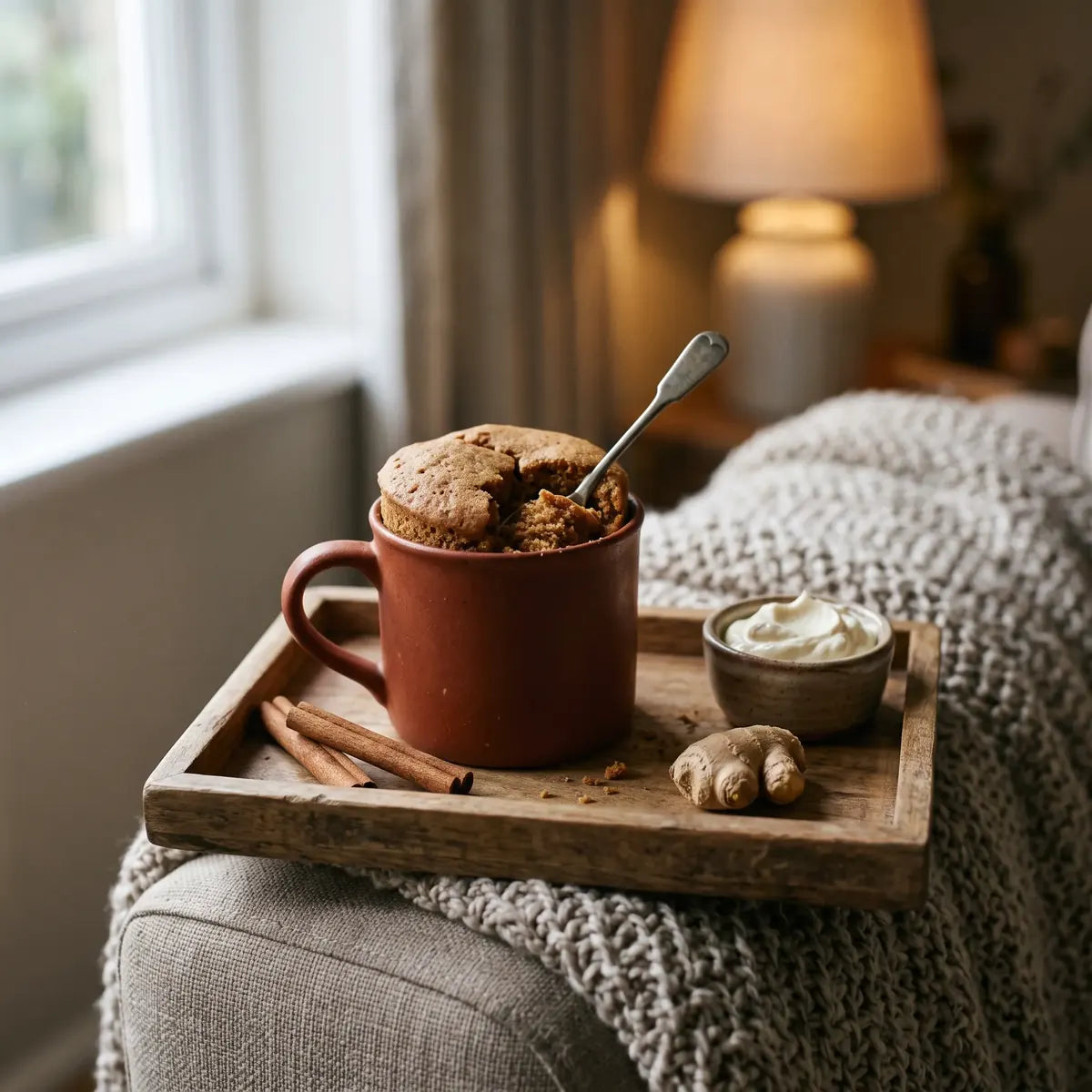 Gingerbread mug cake in a mug with a spoon, ready to eat at home