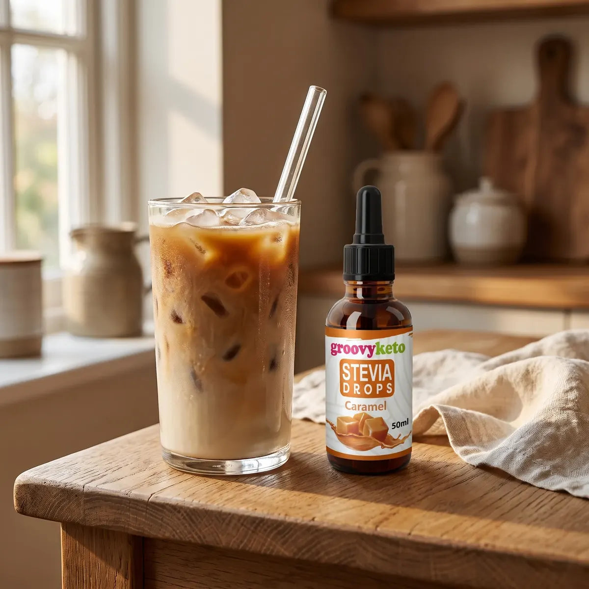 Groovy Keto Caramel stevia drops bottle next to a glass of iced coffee