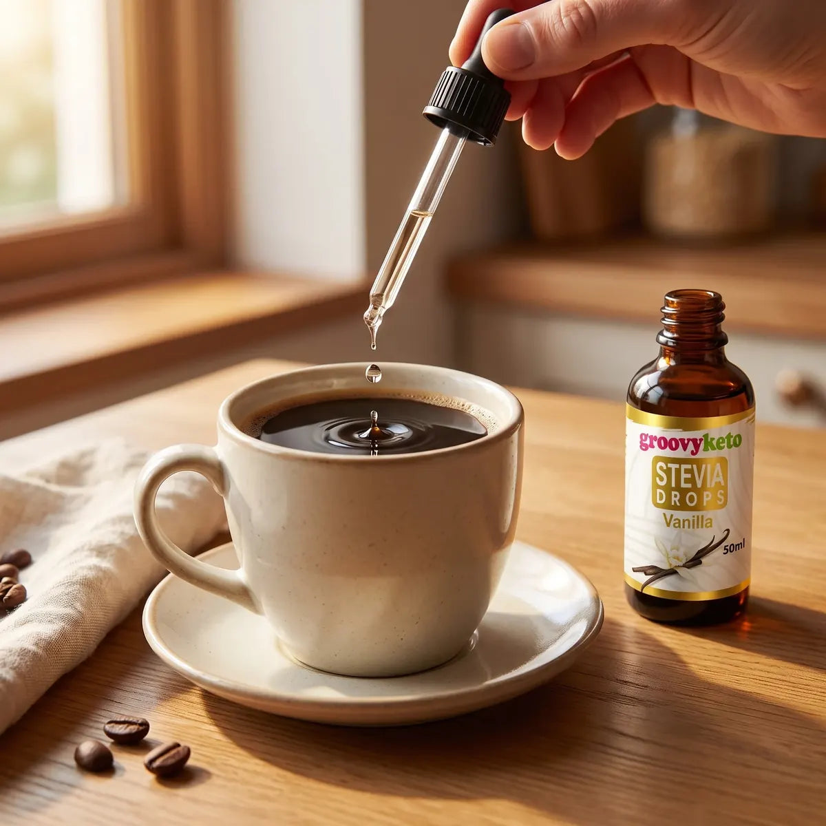 Groovy Keto Vanilla stevia drops added to a cup of black coffee with the dropper