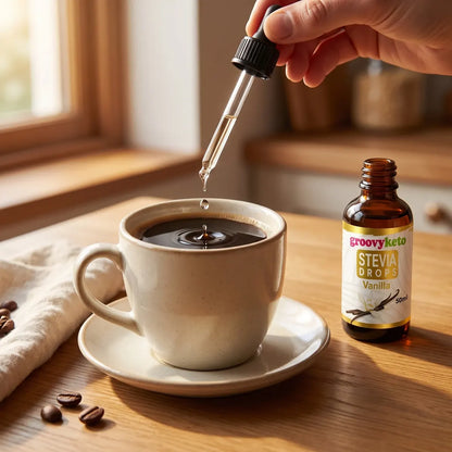 Groovy Keto Vanilla stevia drops added to a cup of black coffee with the dropper