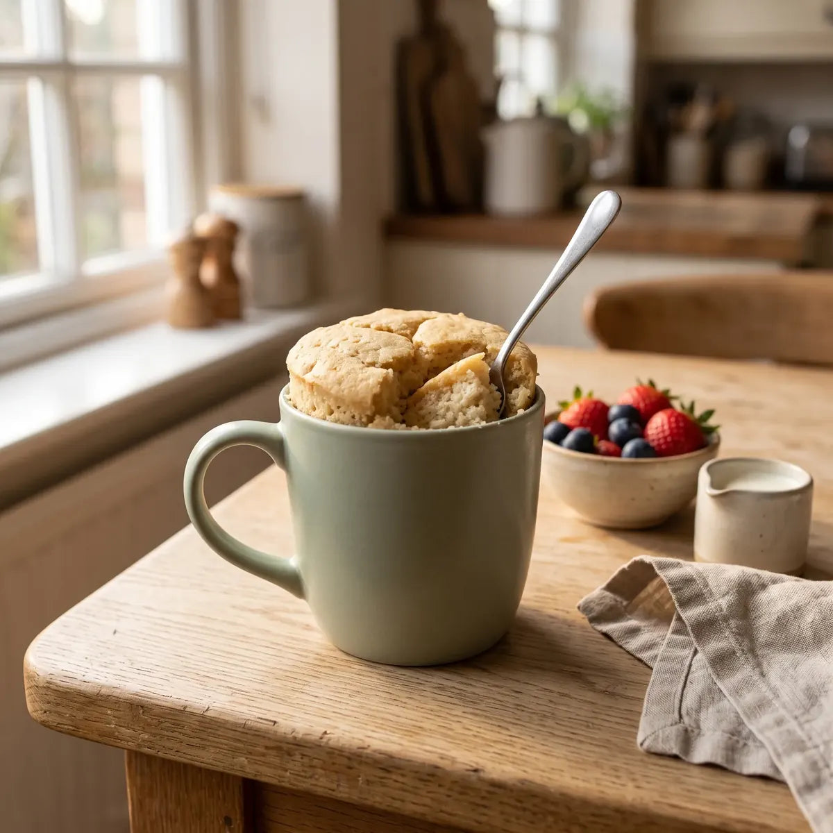 Vanilla mug cake in a mug with a spoon, ready to eat at home