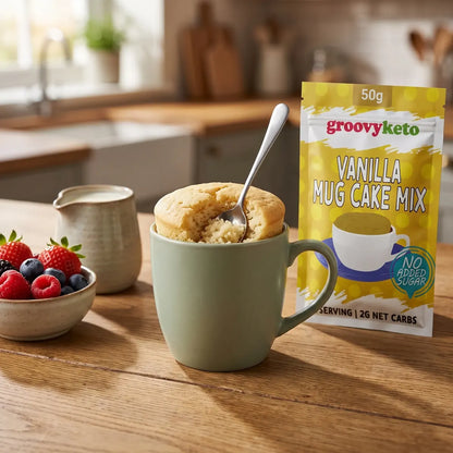 Groovy Keto vanilla mug cake mix sachet next to a freshly made vanilla mug cake in a mug